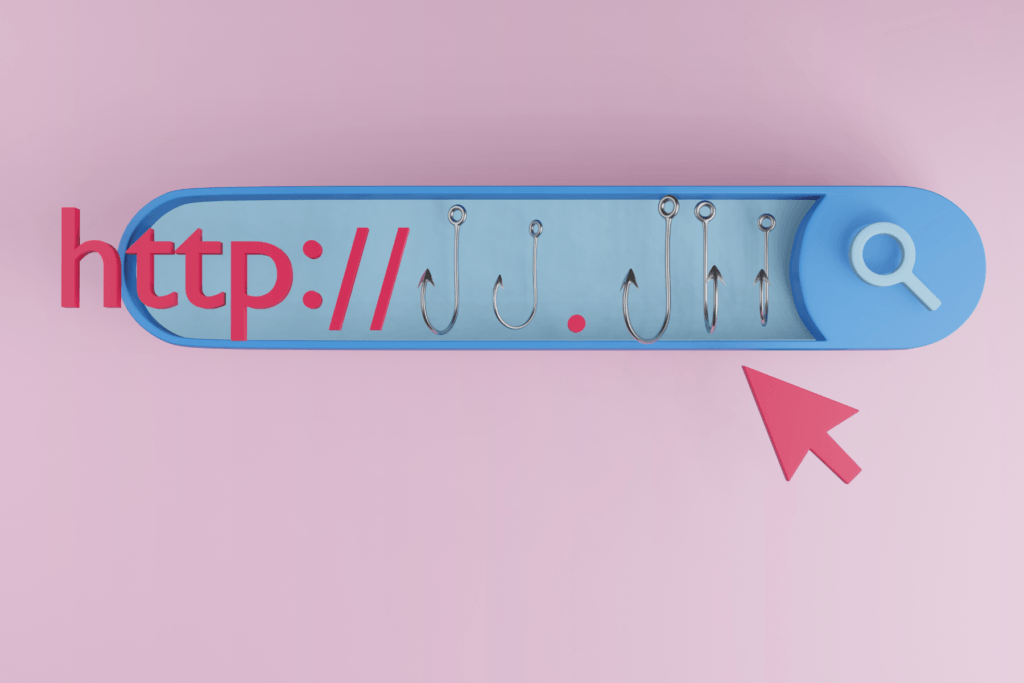 3D render of an address bar containing fish hooks to symbolize how URL spoofing aids in phishing.