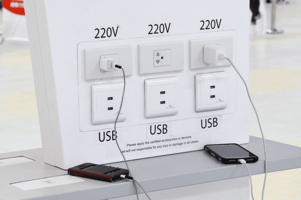 Photo of a charging station seen in an airport terminal with phones plugged in, potentially at risk for juice jacking