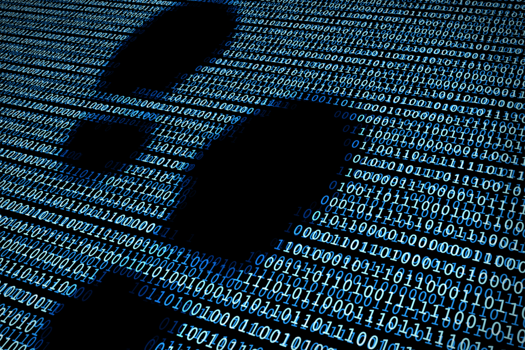 A silhouette in the shape of two footprints is carved out of blue binary code to illustrate a digital footprint
