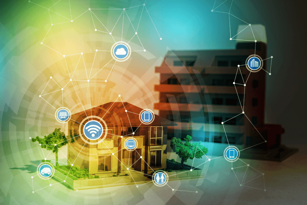 A 3D render of a home and a building covered with data points and icons to visually depict a mesh network.