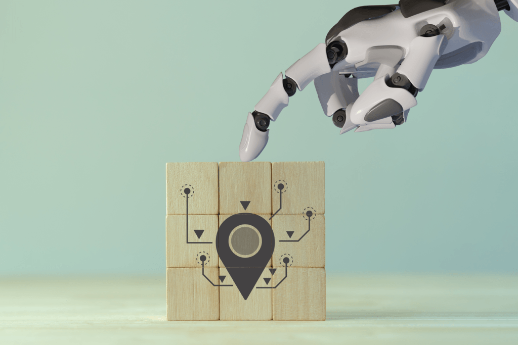 Art depicts a robot hand over a data building block to visualize AI algorithms in ads