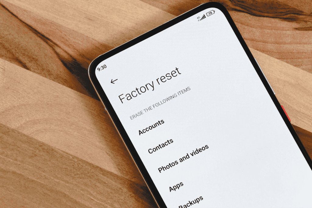 Android factory reset screen is displayed on an Android phone