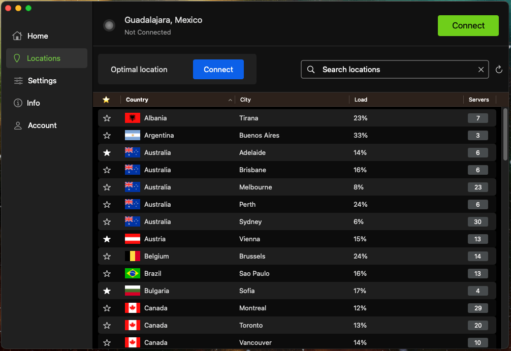 Screenshot from the new silverbackvpn Mac VPN app in Dark Mode on the Locations screen