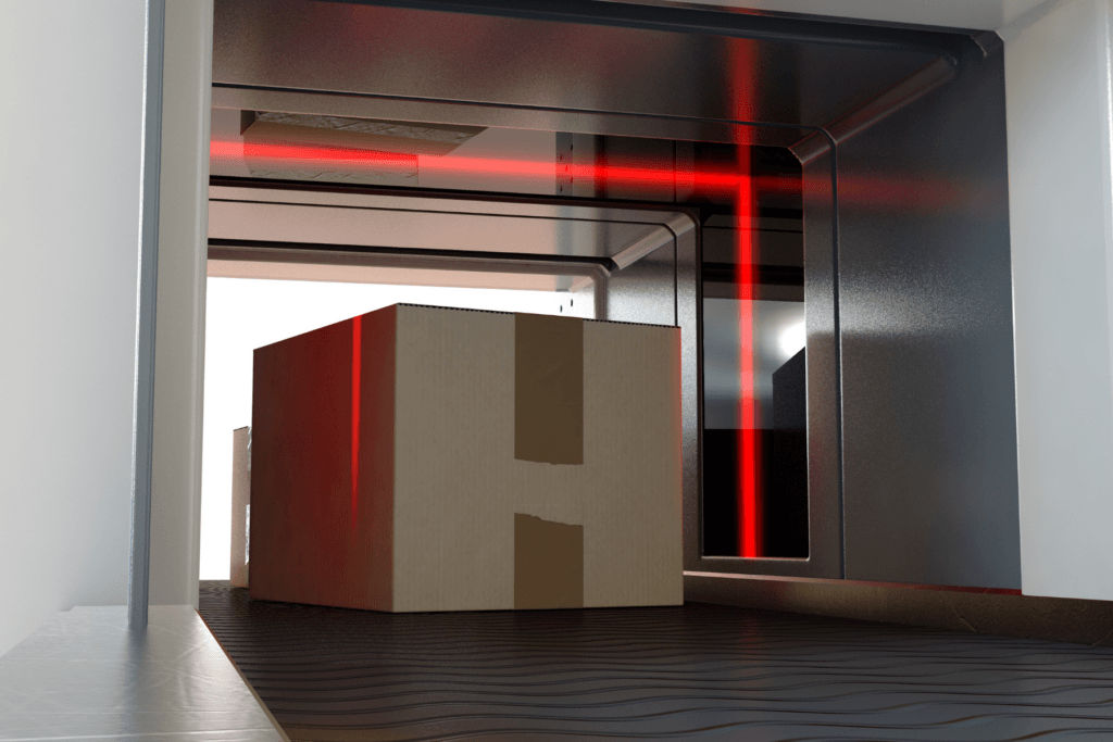 Photograph of a box on a belt being scanned to give a visual example of deep packet inspection.