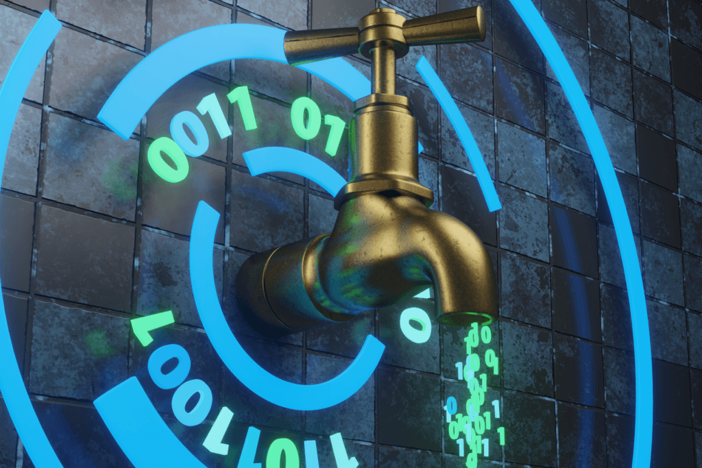 Illustration of a faucet leaking binary data to visualize why DNS leak tests are important