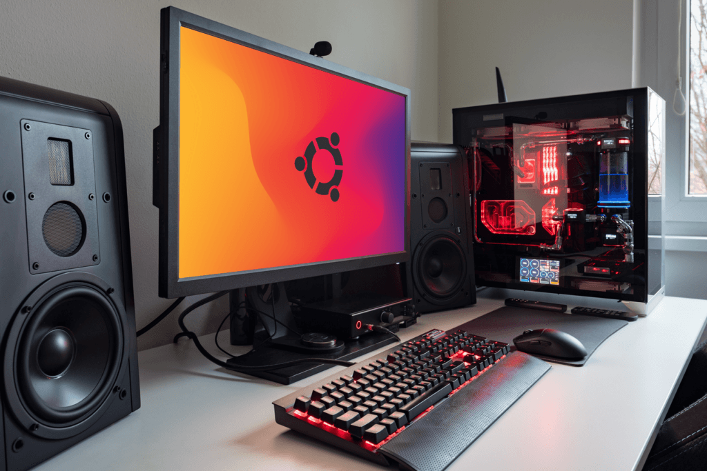 A custom-built PC running Ubuntu is displayed, decorative to visualize how to get a vpn for linux