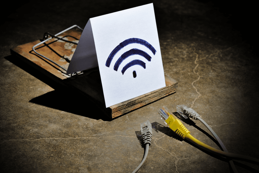 Depicting rogue access points with a Wi-Fi symbol disguising a mousetrap as connection cables approach
