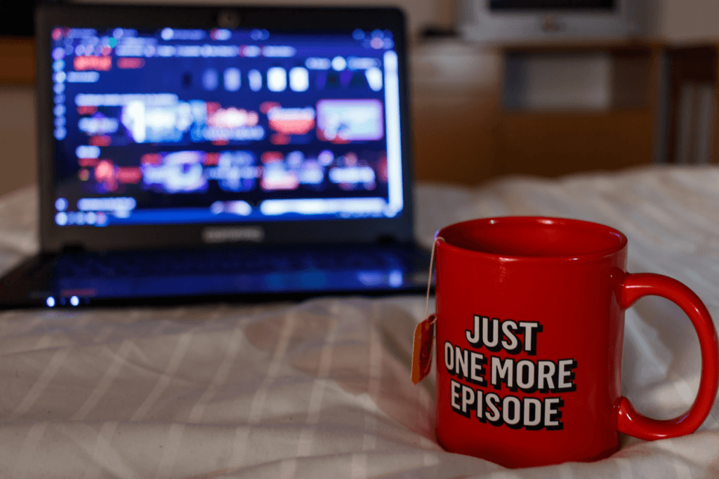 Photo of a mug in front of a laptop display Netflix by country.