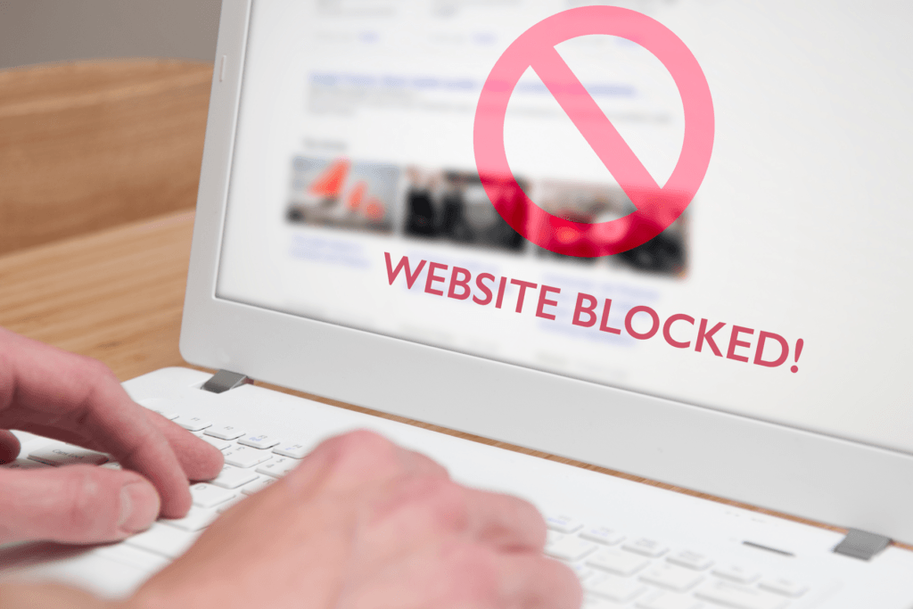 A "website blocked!" notice appears on a computer screen, demonstrating how to block websites on chrome