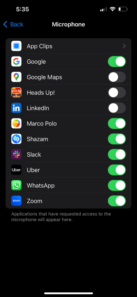 Screenshot of the iOS settings to stop phone listening to you