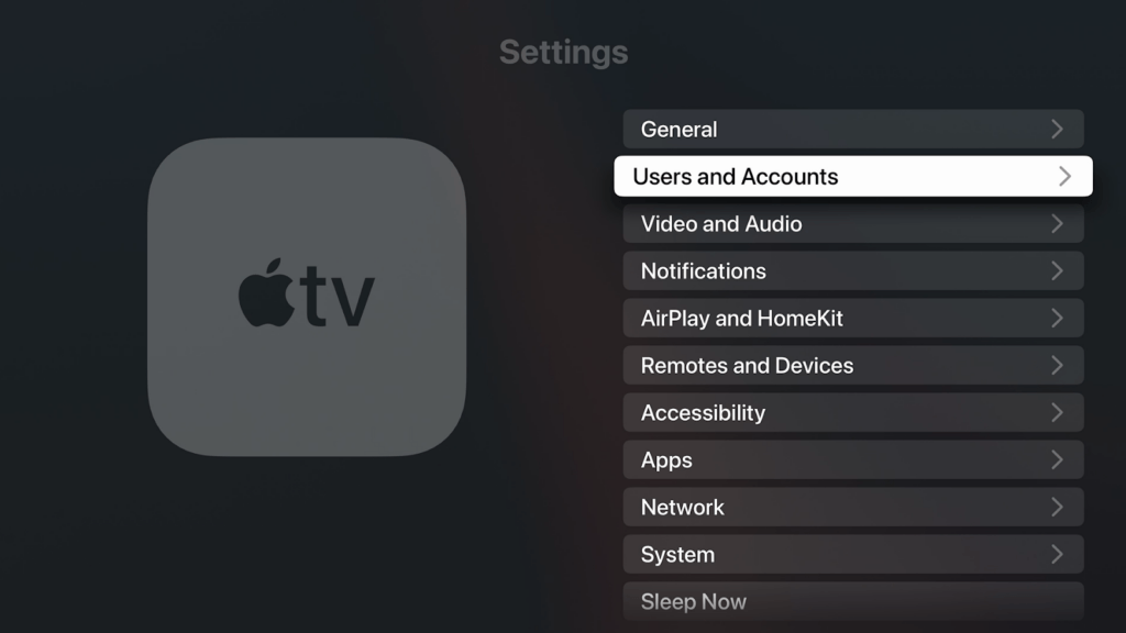 A screenshot from the settings of tvOS 17 with 'Users and Accounts' highlighted