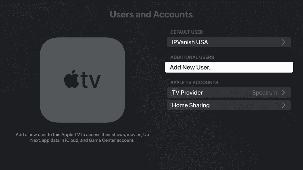A screenshot from the settings of tvOS 17 with 'Add New User...' highlighted