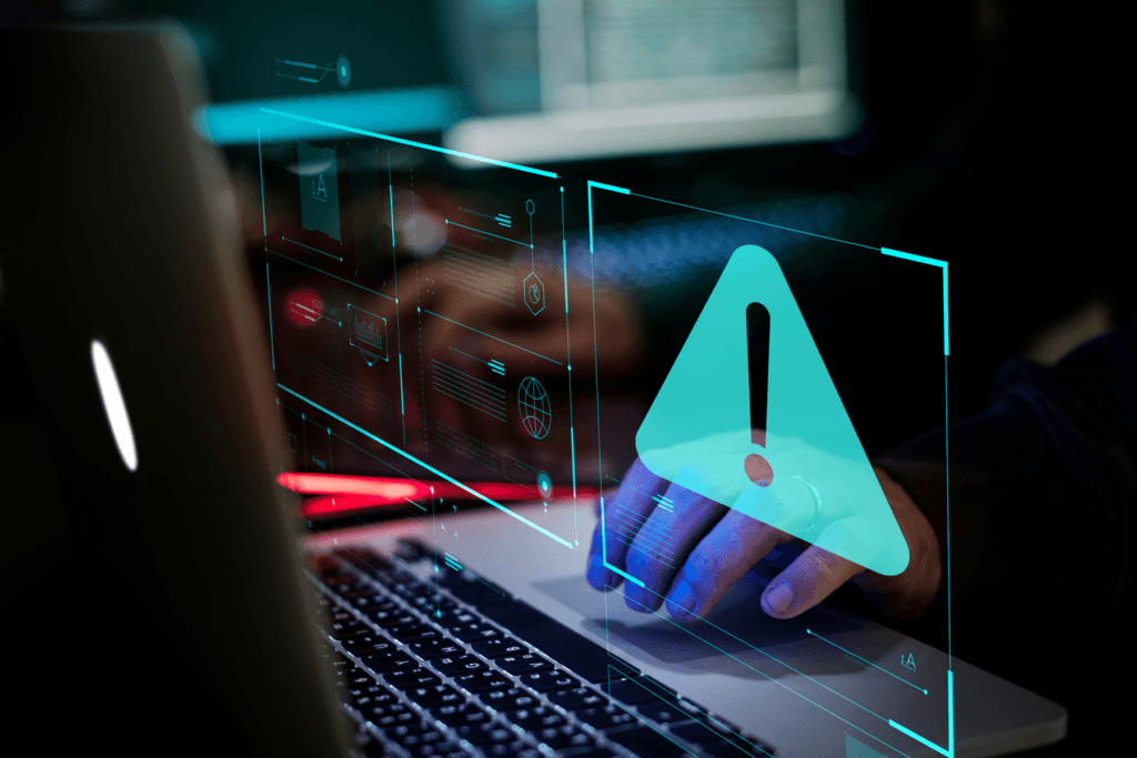 A warning indicators of compromise is visualized in front of a person using a computer