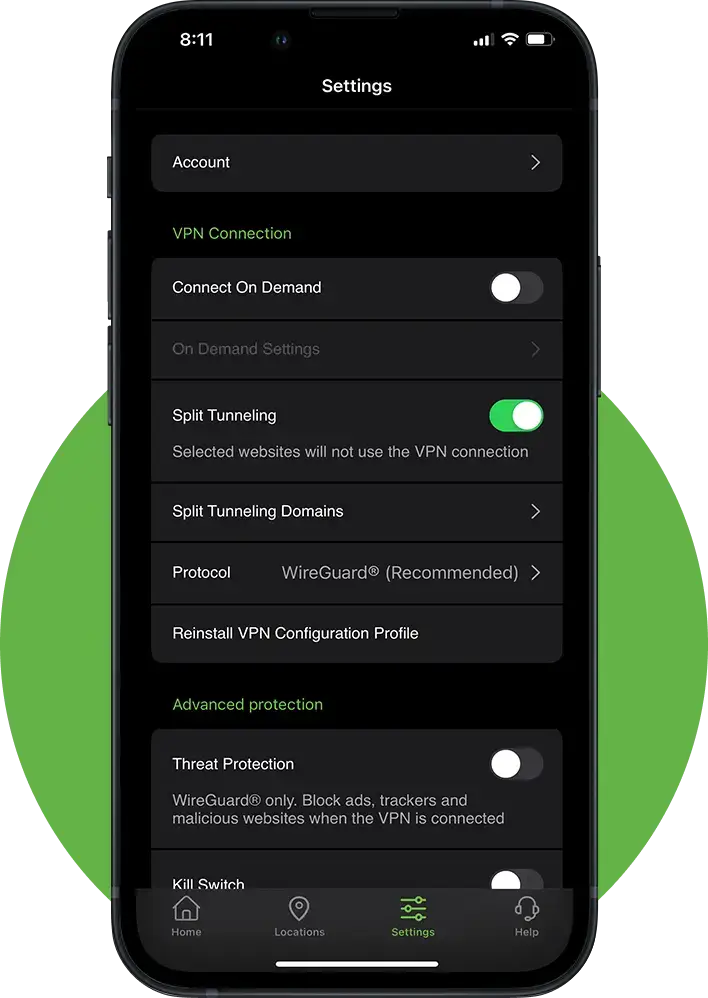 silverbackvpn App settings on mobile