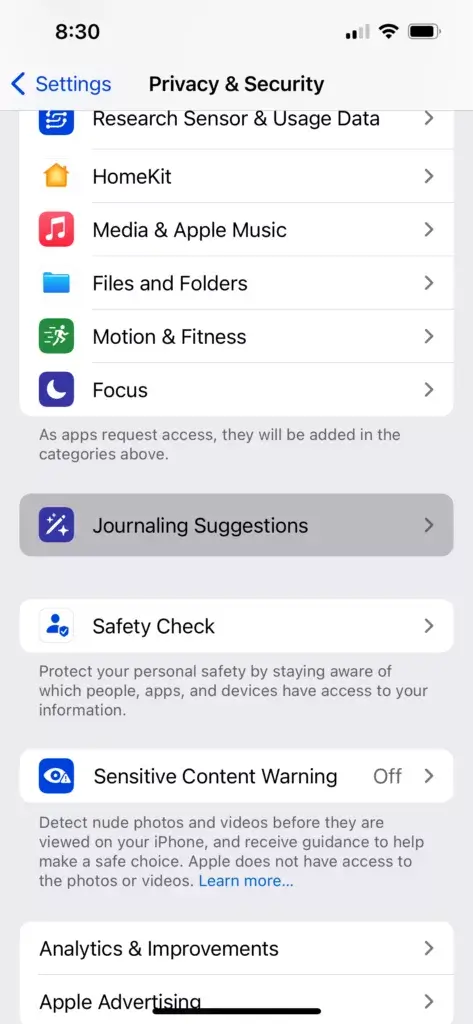 Screenshot from iOS Privacy & Security Settings highlights Journaling Suggestions