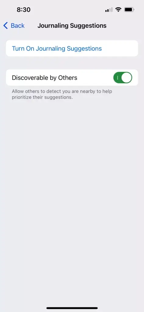 Screenshot from iOS Journaling Suggestions displays the "Discoverable by Others" toggle enabled
