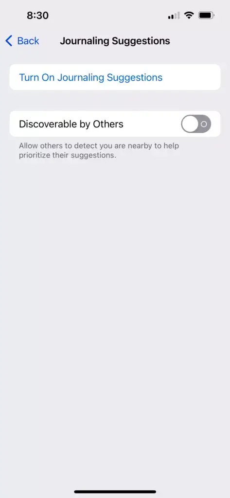 Screenshot from iOS Journaling Suggestions displays the "Discoverable by Others" toggle disabled