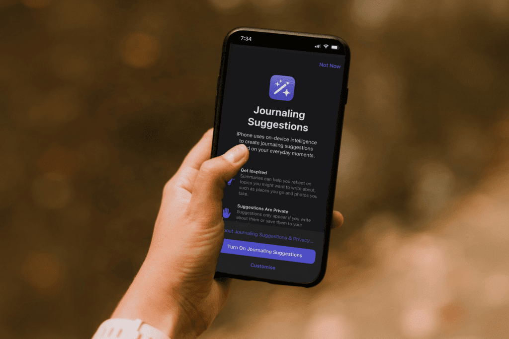 A person holds an iPhone open to the Apple Journal app