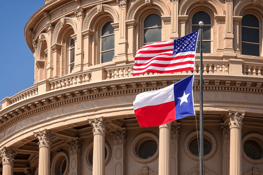 Image shows the Texas state flag below the US flag, where a new Texas age-verification law has been upheld
