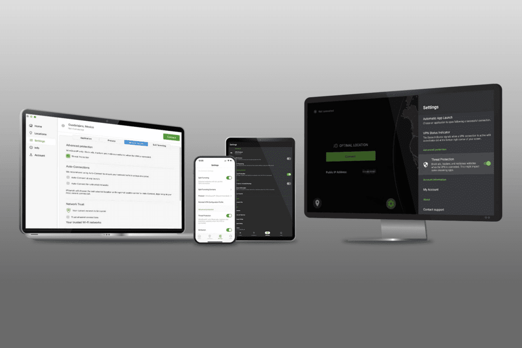 The interface of the Threat Protection feature atSilverBackVPNis displayed on a laptop, a phone, a tablet, and a TV monitor