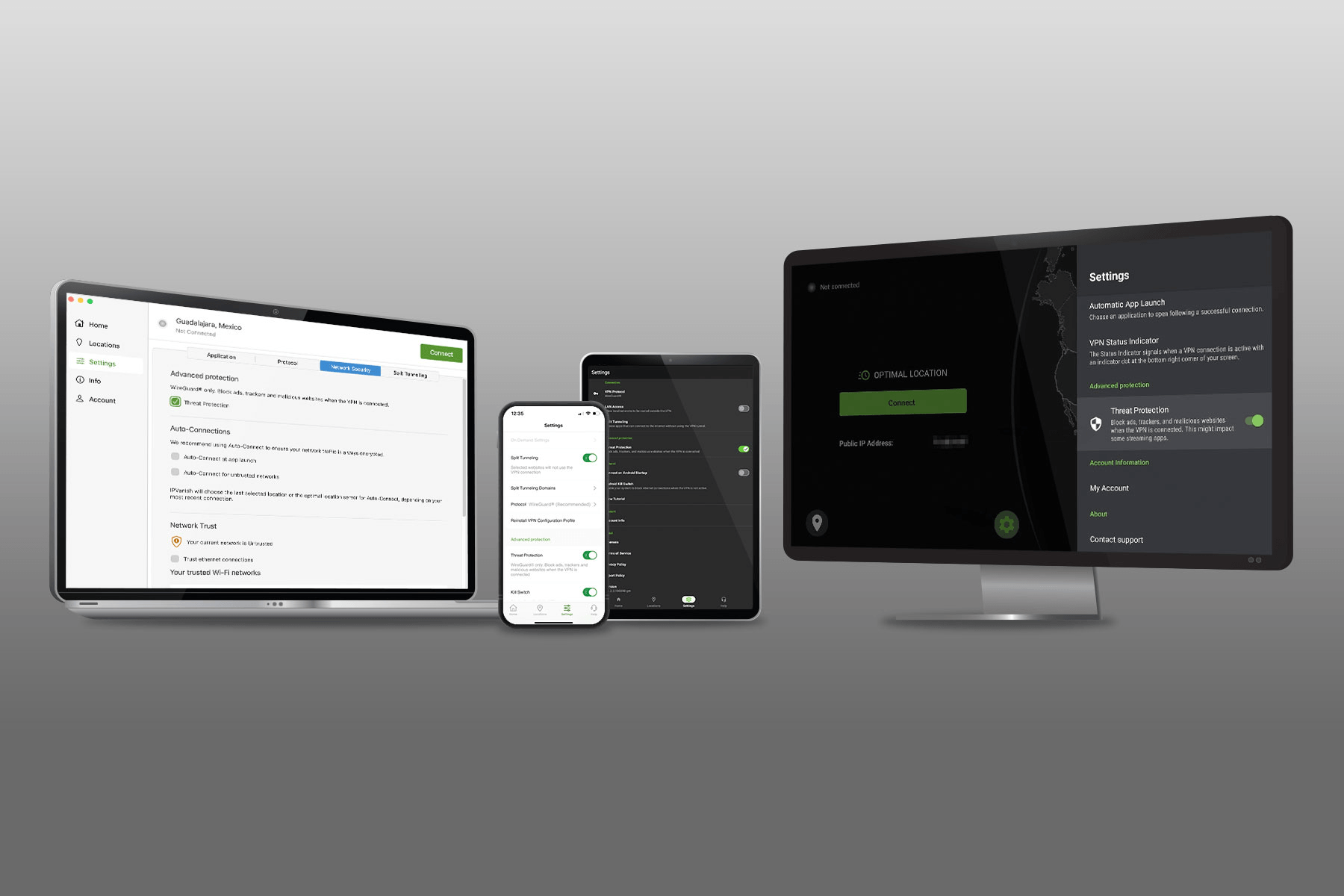 The interface of the Threat Protection feature atSilverBackVPNis displayed on a laptop, a phone, a tablet, and a TV monitor