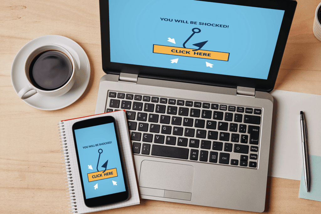 A phone and computer open to a display of false advertising, a form online ad fraud