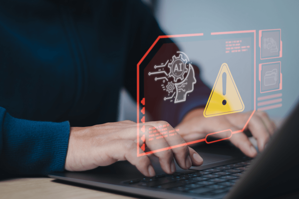 A man types on a laptop and a visualization warns of AI cybersecurity risks