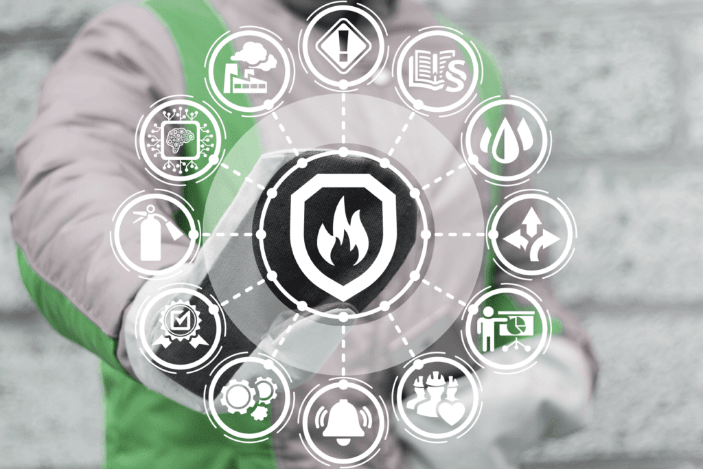 Image of a fireman network engineer with a visualization of various firewall rules