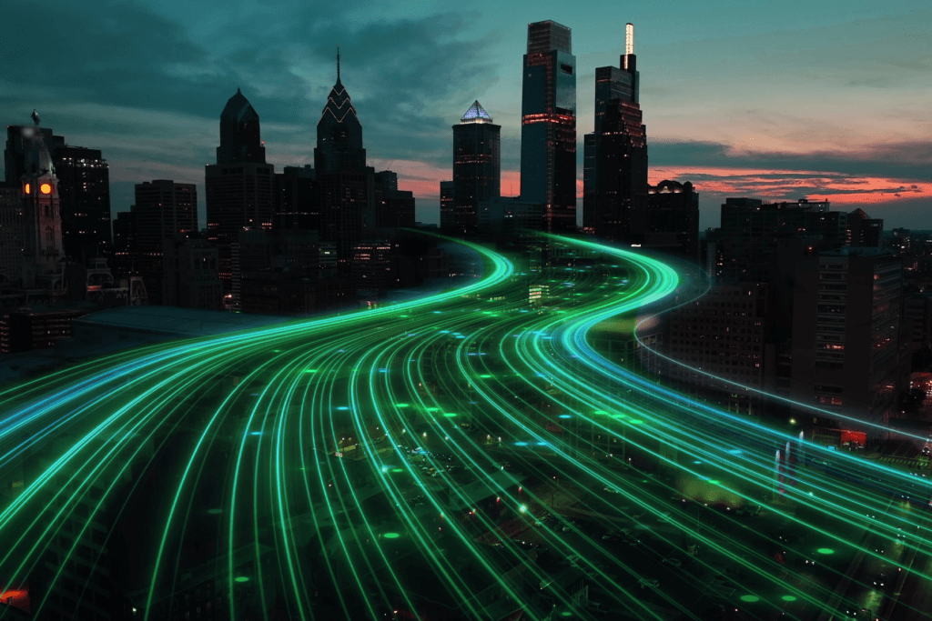 Decorative image about how to make your VPN faster depicting a speed light trail going to a city