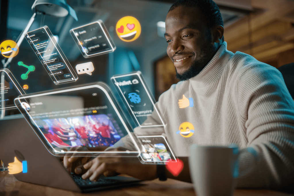 A visualization of the best productivity apps for Windows showing a man looking at multiple app notices and graphs