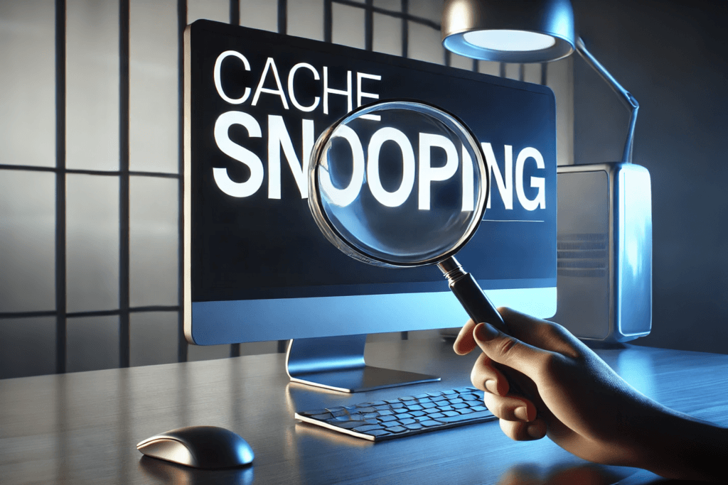 An image of a modern computer monitor displaying the words 'Cache Snooping' in bold text.