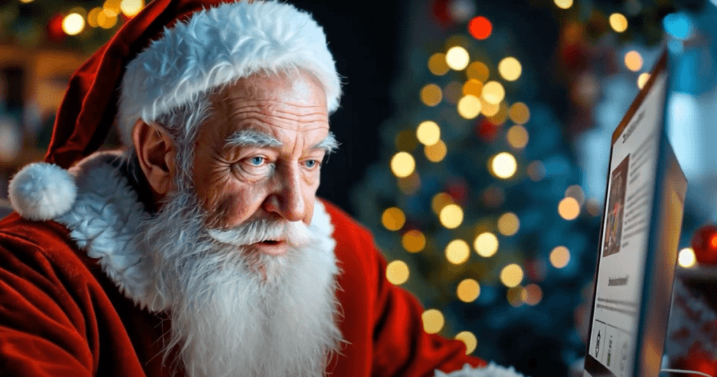 Santa seen looking at a computer monitor for the silverbackvpn Christmas Ad