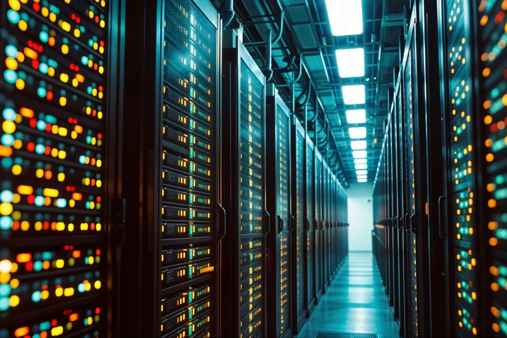 new vpn server racks in a server room with blinking lights