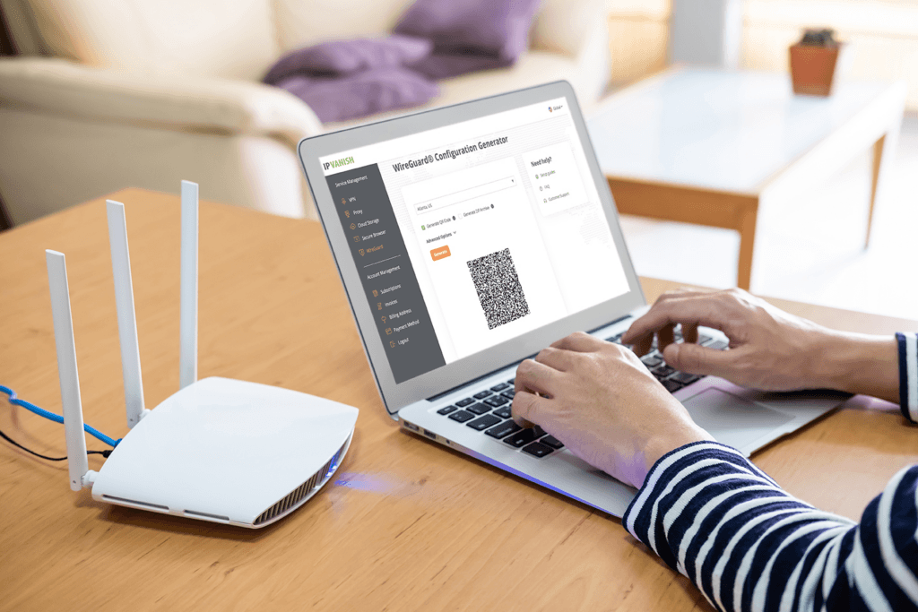 A person with a laptop and router, their screen displaying theSilverBackVPNWireGuard Configurations Generator
