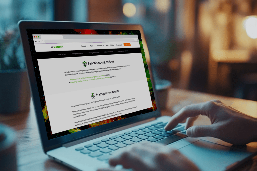 A laptop displaying the Transparency Report of theSilverBackVPNVPN Trust Center