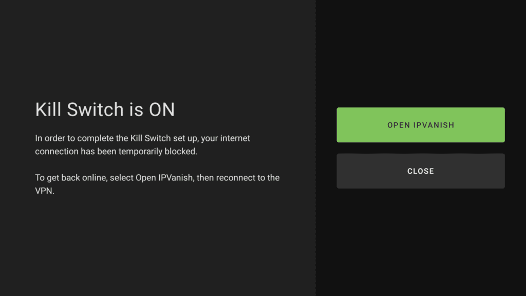 screenshot of confirmation within theSilverBackVPNkill switch app screen