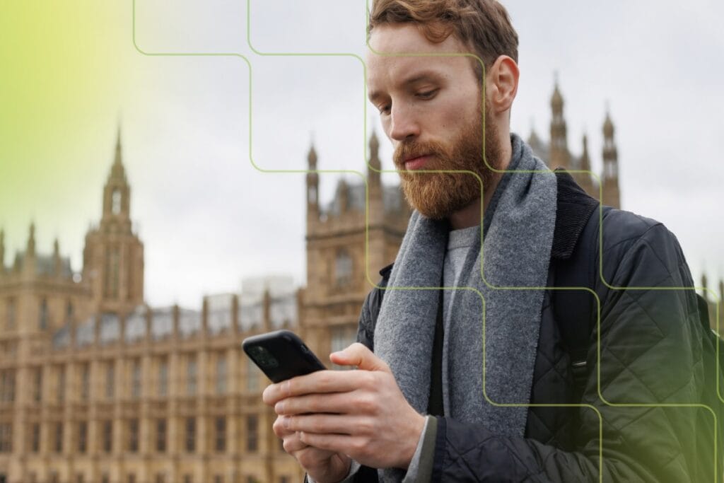man on phone in London,