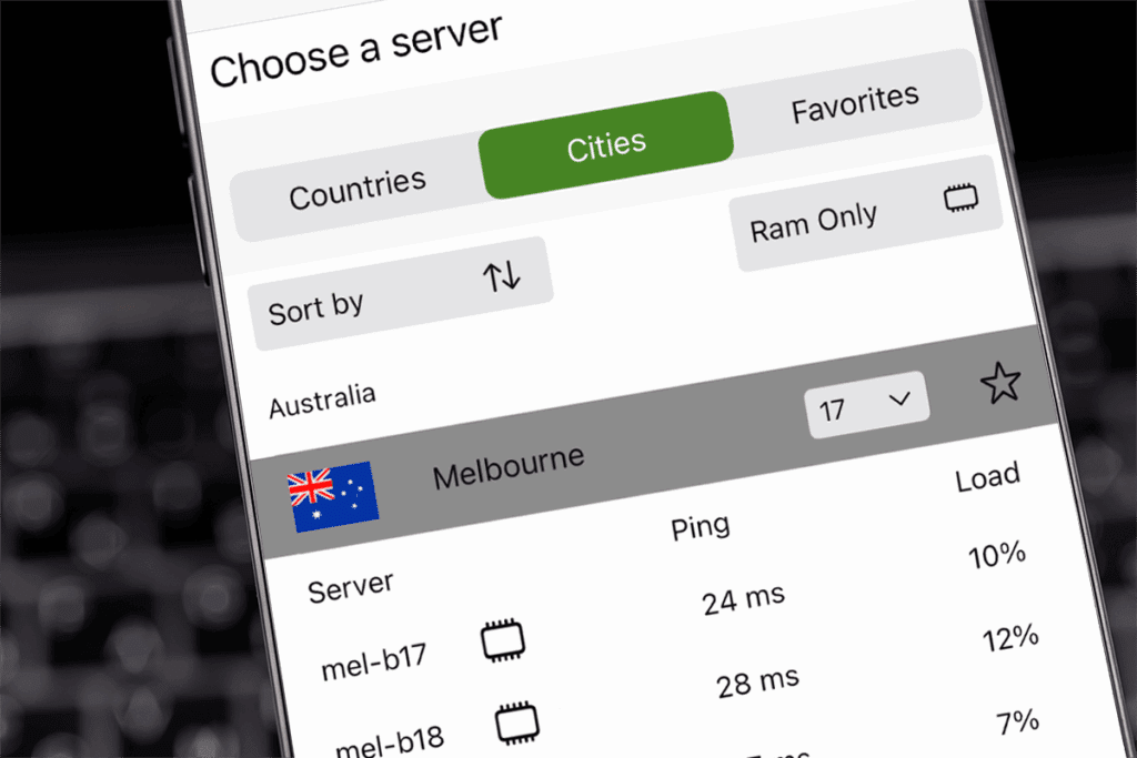 An image of a phone showing the RAM-only filter and display within the silverbackvpn app for iOS