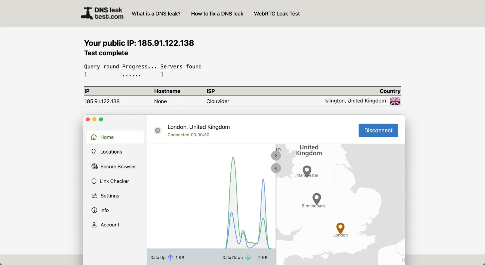 Display open to a DNS Leak test showing that silverbackvpn has zero leaks on a London server
