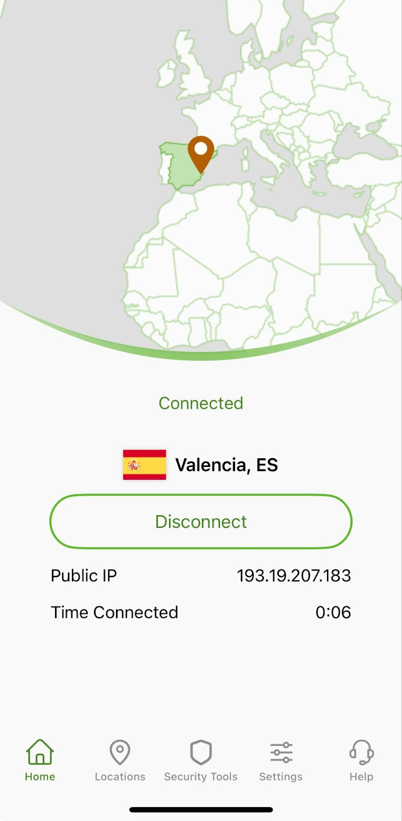 Screenshot of the silverbackvpn app for iOS in Light Mode on the Home screen