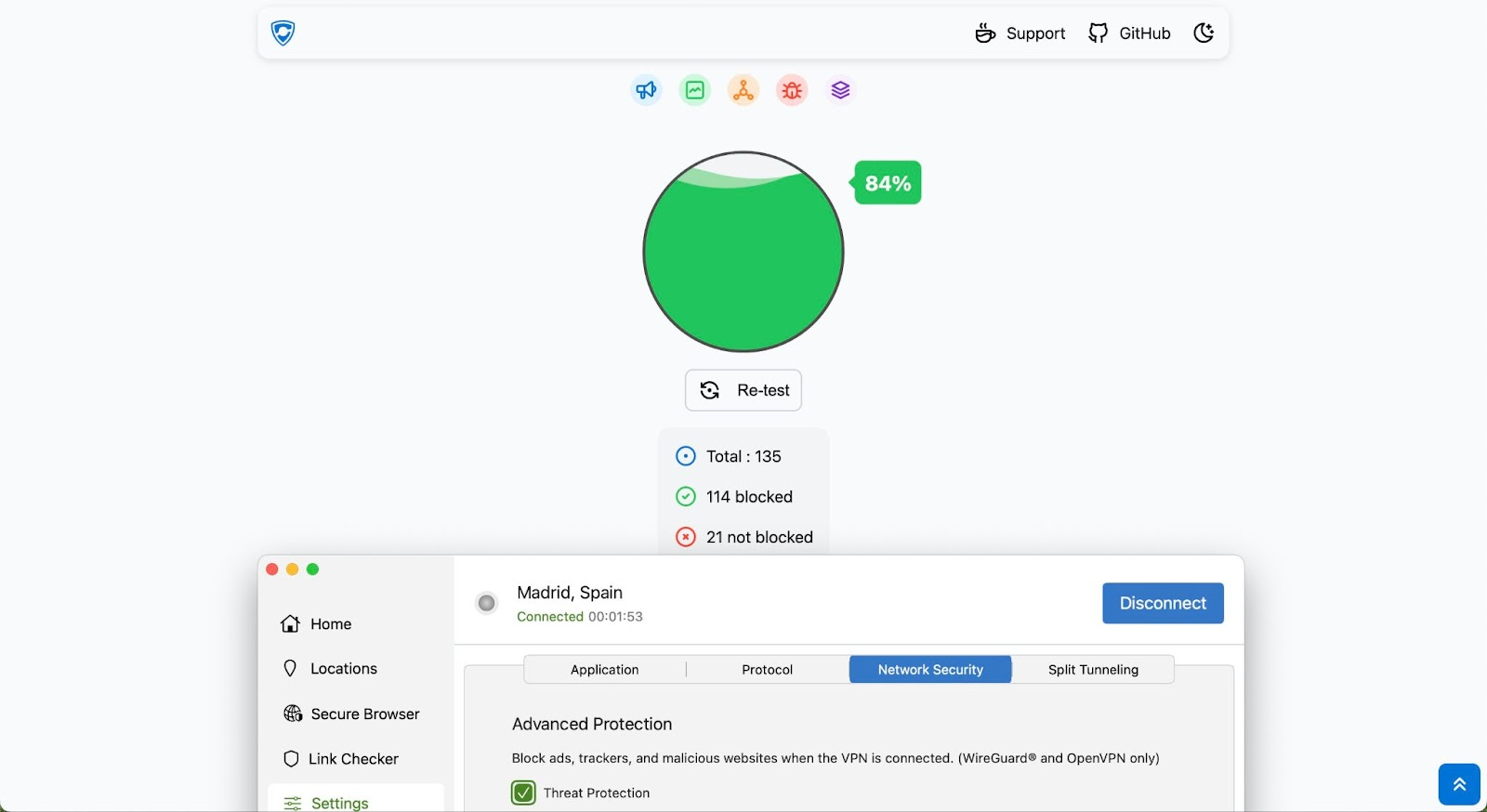 Display open to a ad blocker test showing that silverbackvpn blocked 114 of 135 ads