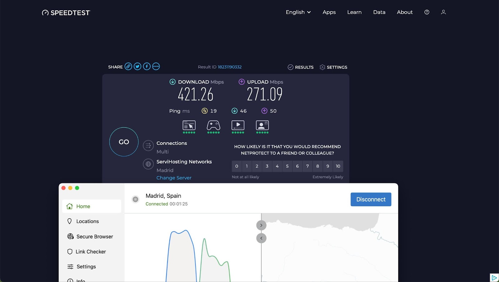 Speed test results of silverbackvpn connected to a local server