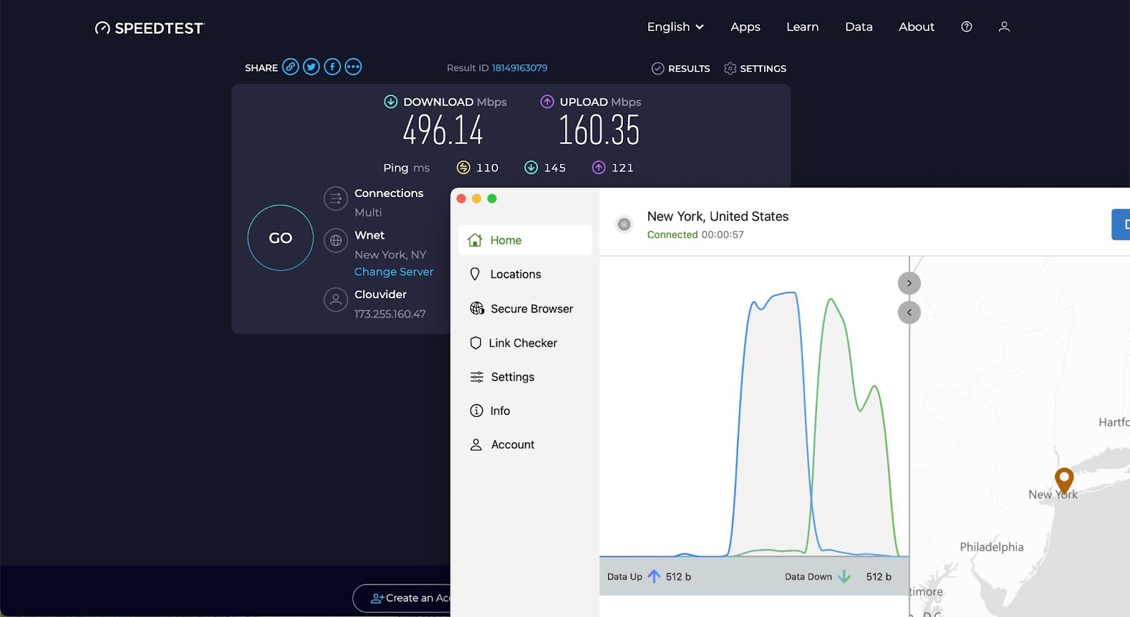 Fast speed test results (496 Mbps) for silverbackvpn on New York servers