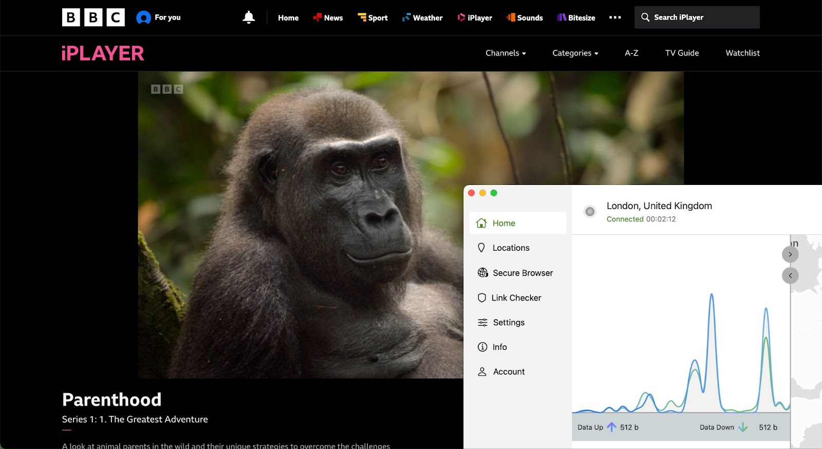 A screenshot shows a steady local UK connection in the silverbackvpn app while using iPlayer