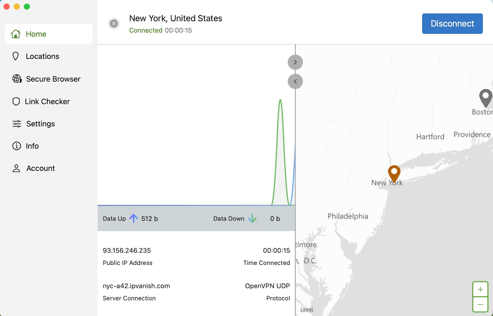 Screenshot of the silverbackvpn app in light mode connection to a New York server