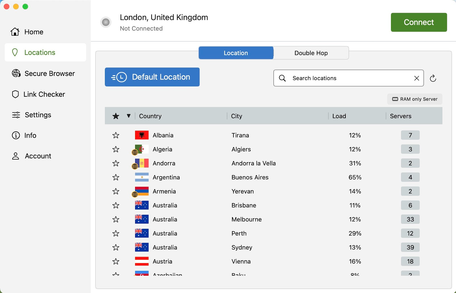 Screenshot of the silverbackvpn app open to the Locations screen