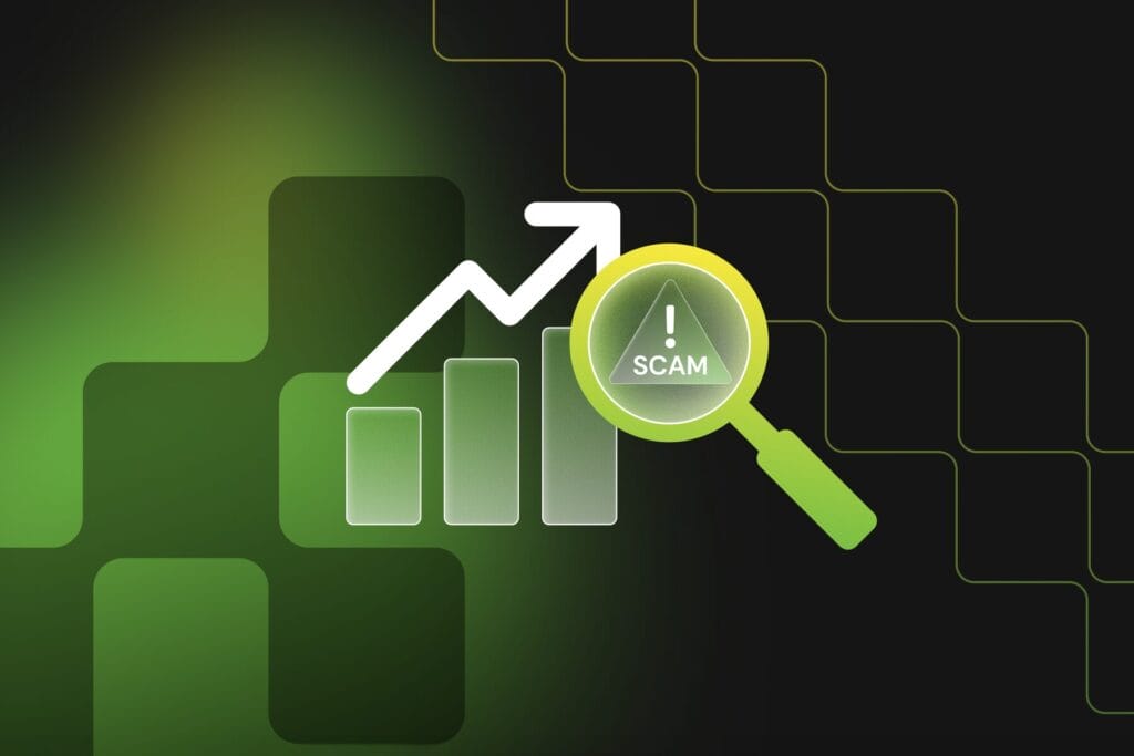 decorative image of a magnifying glass icon displaying a scams warning beside a trend graph, depicting AI scam trends