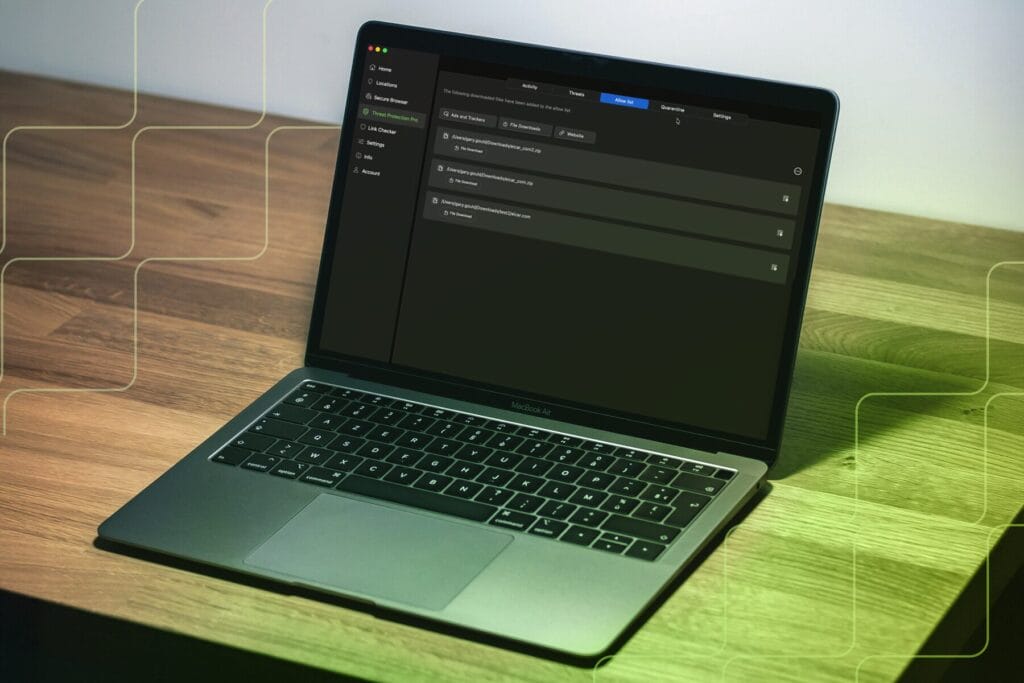 MacBook Air open to the silverbackvpn app displaying a Threat Protection Pro panel