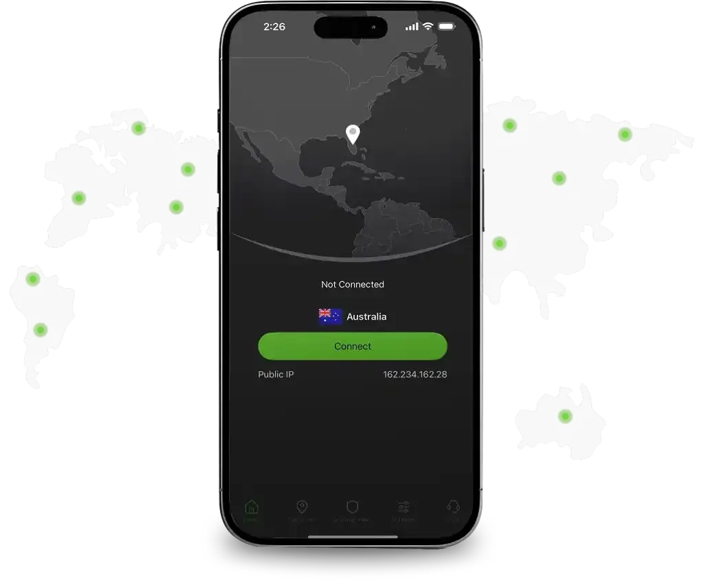 SilverBackVPN app on mobile with map in background