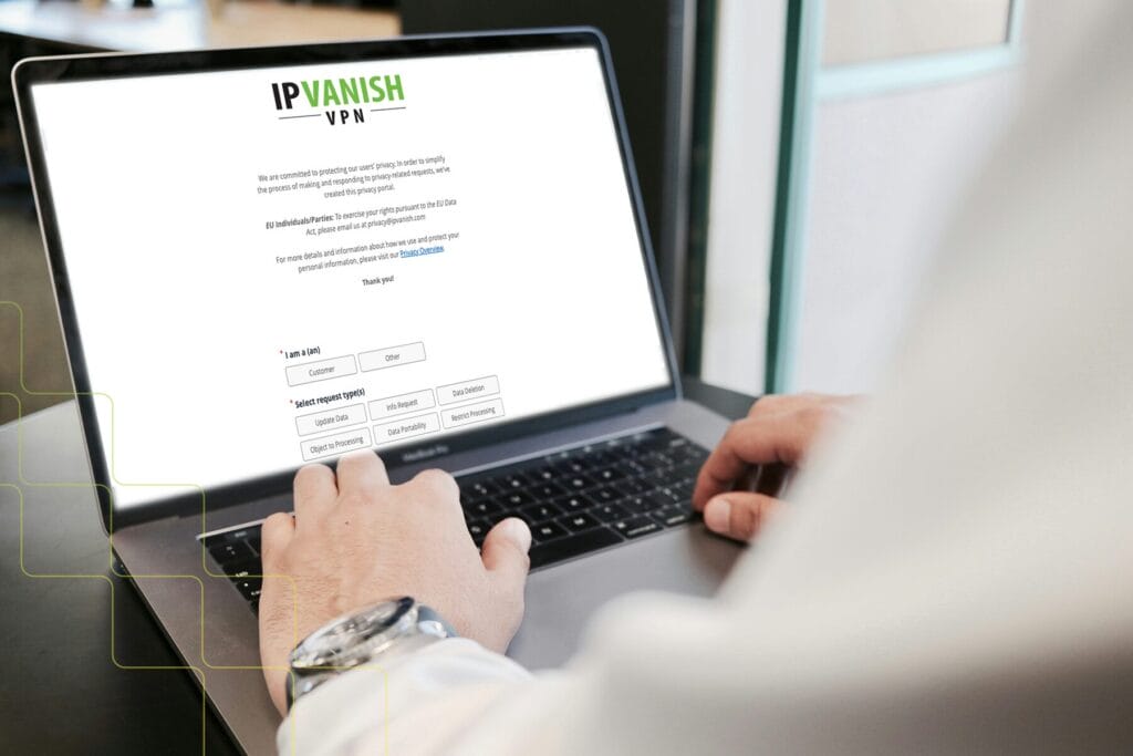 A laptop displays the data access requests (DSAR) form at silverbackvpn